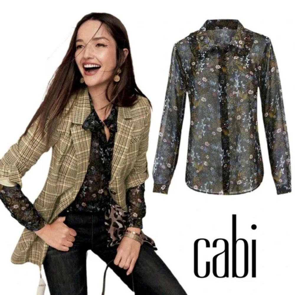 CAbi Floret Sheer Ruffle Blouse Top In Floral Hillside Black Size S EUC